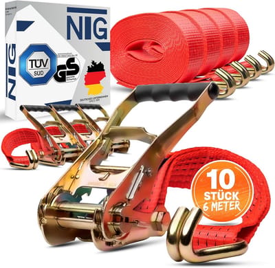 Sjorband 6 meter - 2 stuks - 50 mm - 5 ton - met ratel en puntige haak - TÜV/GS
