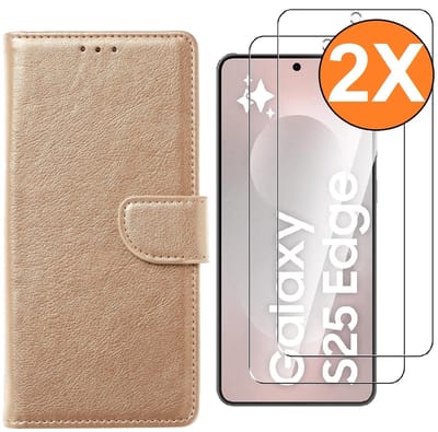 Hoesje Geschikt voor Samsung Galaxy S25 Edge hoesje bookcase Goud met screenprotectors 2 stuks