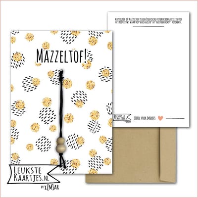 Kaartkadootje -> Gelukspoppetje - No:05 (Mazzeltof - Gelukswens - Ballen, goud-glitter-kleurige dots) - LeuksteKaartjes.nl by xMar