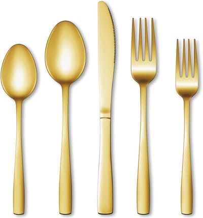 5-delige gouden en zilveren bestekset, roestvrijstalen bestekset voor één persoon, mes, vork en lepel van voedselveilig materiaal, spiegelgepolijst bestek, geschikt voor thuiskeukens, inclusief mes, vork en lepel, vaatwasmachinebestendig.