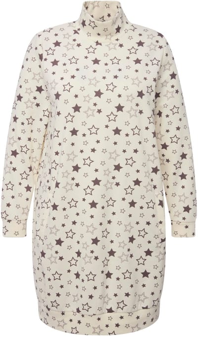 Ulla Popken - Dames - Loungewear jurk knuffelzacht sterren opstaande kraag - Krijt - Maat 42+