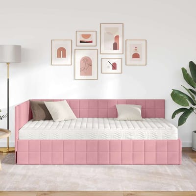 vidaXL - Hoekbedframe - met - Matras - 2 - st - Roze - 90 - x - 190 - cm - Fluweel