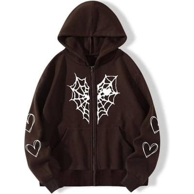 Rhinestone Cobweb Zip Up Oversized Sweatshirt 2023 Herfst Goth Hoodie Mannen Vrouwen Grunge Hooded Jacket Streetwear Y2k Kleding S black