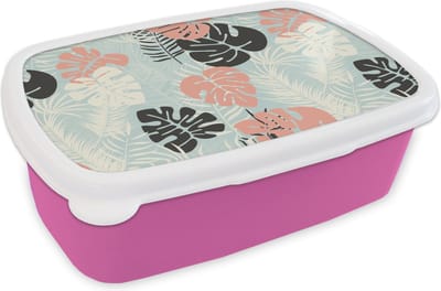 Broodtrommel Roze - Lunchbox - Brooddoos - Bladeren - Monstera - Pastel - Hawaii - Patronen - 18x12x6 cm - Kinderen - Meisje