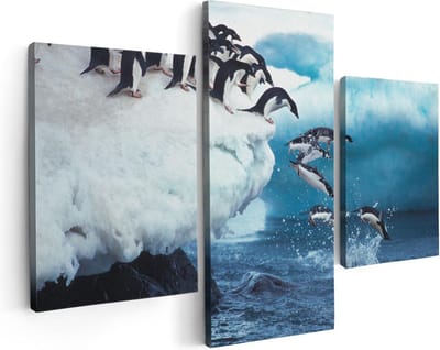 Artaza Canvas Schilderij Drieluik Kudde Pinguïns Springen vanaf een Rots - 90x60 - Foto Op Canvas - Canvas Print