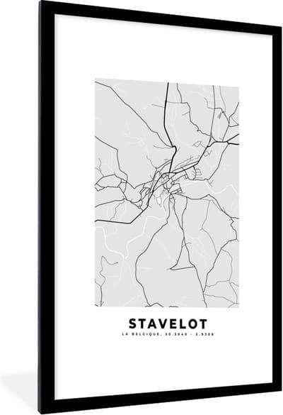 Fotolijst incl. Poster Zwart Wit- Zwart Wit – België – Plattegrond – Stadskaart – Kaart – Stavelot - 60x90 cm - Posterlijst