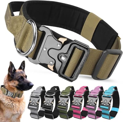 hondenhalsband, robuuste brede halsband met handvat en zacht gewatteerd, verstelbare comfortabele halsband voor kleine, middelgrote en grote hondentraining (donkerkaki, XL)