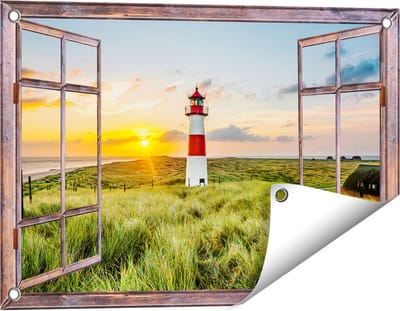 Gards Tuinposter Doorkijk Vuurtoren met Zonsopgang op een Eiland - 60x40 cm - Tuindoek - Tuindecoratie - Wanddecoratie buiten - Tuinschilderij