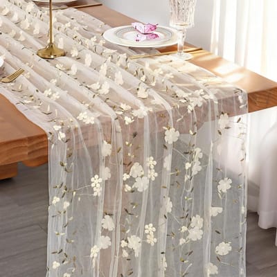Translucente Tafelrunner van Kaasdoek, 70 × 300 cm, Geborduurd met 3D Bloemen voor Seizoensgebonden Tafeldecoratie in Keuken en Eetkamer