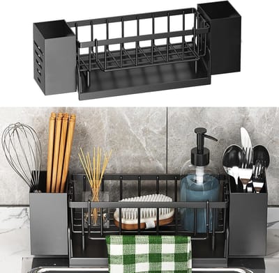 Famanu – Spoelbak-organizer voor keuken, met eetlepelhouders en theedoekhaak, zwart