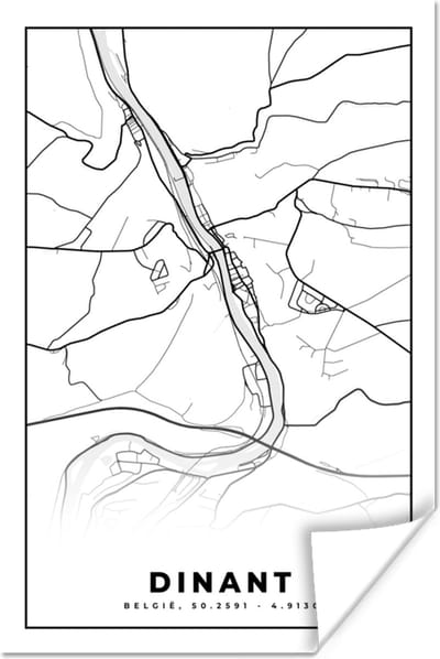 Poster Zwart Wit – België – Plattegrond – Stadskaart – Kaart – Dinant - 120x180 cm XXL