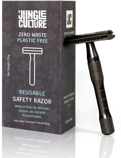 Jungle Culture Metallic Zwart Safety Razor - Duurzaam Zero Waste Scheermes - Plasticvrij en Milieuvriendelijk - Herbruikbaar Unisex Scheermes voor Mannen en Vrouwen - Eco-Friendly Scheren