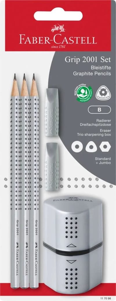 Faber Castell grafietpotlodenset - Grip 2001 - hardheid HB - inclusief puntenslijper en 2 gumdoppen - 3 stuks op blisterkaart - FC-117098
