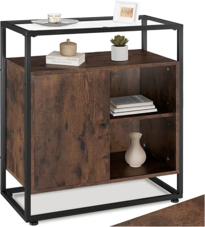 tectake® Kast met glazen blad en 2 vakken - Wandkast - Industrieel design - Houten dressoir voor woonkamer, hal, keuken - Zwart metalen frame - Afmeting (LxBxH) 70 x 38 x 80,5 cm - Donkerbruin