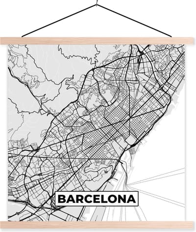 Posterhanger incl. Poster 40x40 cm - Schoolplaat - Barcelona - Stadskaart - Plattegrond - Zwart Wit - Kaart - Textielposter - Blanke latten - Stadskaart