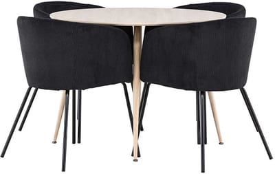 Plaza eethoek tafel Ø100cm en 4 fluwelen stoelen met armleuningen whitewash.