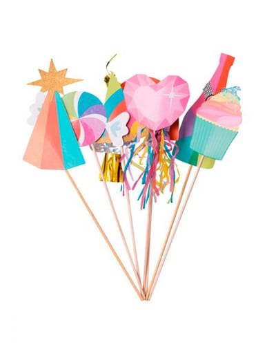 ARTYFETES - Multicolor photobooth kit met kwastjes en gouden pailletten, 7 accessoires op stokjes