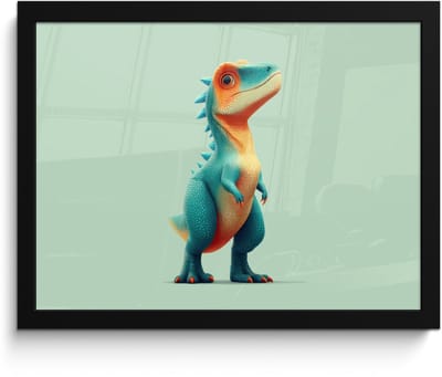 Poster in lijst - Fotolijst 40x30 cm - Posters - Cartoon - Dino - Oranje - Stekels - Posterlijst zwart - Decoratie - Wanddecoratie woonkamer - Muurdecoratie slaapkamer
