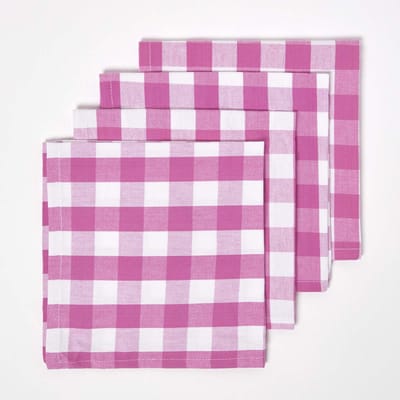 Homescapes roze geruite katoenen stoffen servetten in een verpakking van 4