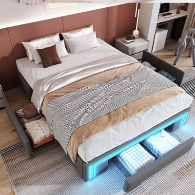 Bedframe 140X200 met lades - PU-leren bed zonder hoofdeinde Met LED-lichtstrip - Metalen lattenbodem Platformbed voor moderne slaapkamers Grijs