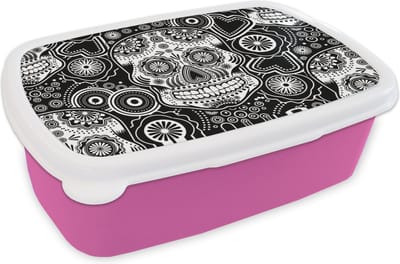 Broodtrommel Roze - Lunchbox - Brooddoos - Tieners - Skull - Bloemen - Patronen - 18x12x6 cm - Kinderen - Meisje