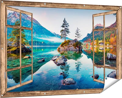 Gards Tuinposter Doorkijk Meer in de Bergen tijdens de Herfst - 150x100 cm - Tuindoek - Tuindecoratie - Wanddecoratie buiten - Tuinschilderij
