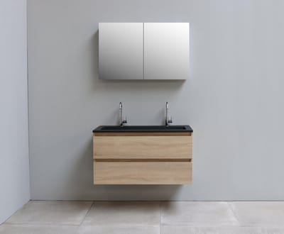 Basic Bella Badkamermeubelset - 100x55x46cm - 1 wasbak - Acryl - Zwart - 2 kraangaten - Spiegelkast zonder verlichting - MDF Eiken