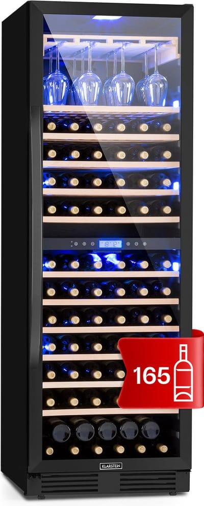 Klarstein Wijnkoeler Wijnkoelkast, 2 Zones Drankenkoelkast, 425L Inbouw Wijnkast Smal, Wijnkoelkast Met Glazen Deur, Binnen/Buiten Flessenkoelkast, Wine Fridge 5-20°C, 162 Flessen - 59.5 cm - Touch Vrijstaand - Wit - Wijnklimaatkast
