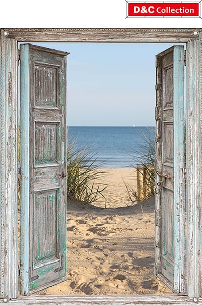 Schuttingdoek doorkijk deuren - tuindoek - 65x90 cm - duinovergang Hollands strand - tuindecoratie - schuttingposter - tuinposter