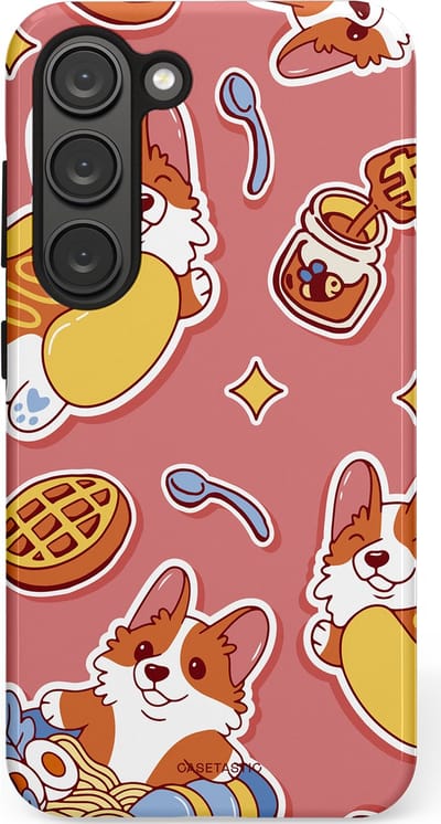 Casetastic Hoesje Geschikt voor Samsung S23 - Stijlvolle Beschermende Duo-layer Case - Corgi snacks
