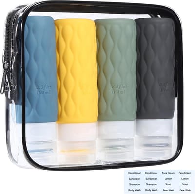 Famanu - Reisfles van siliconen, 100 ml, reisset, herbruikbaar, geschikt voor het vullen van shampoo, conditioner, lotion, douchegel, met transparante reistas, BPA-vrij
