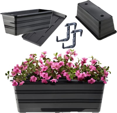 KADAX Bloembak 40 cm met schotels en 2 handgrepen, antraciet, kunststof balkonpot, weerbestendige plantenbak, bloempot, leuningbak voor bloemen, kruiden