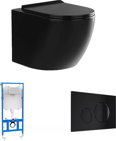 Vente-unique Hangend toilet pakket in glanzend zwart met inbouwreservoir en bedieningsplaat - JAVOINE