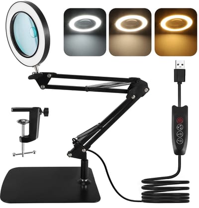 Linkforu - LED Vergrootlamp 10X/15X - Dimbare Ringlamp - 3 Lichtkleuren - Verstelbare Zwenkarm - Stabiele Voet & Klem