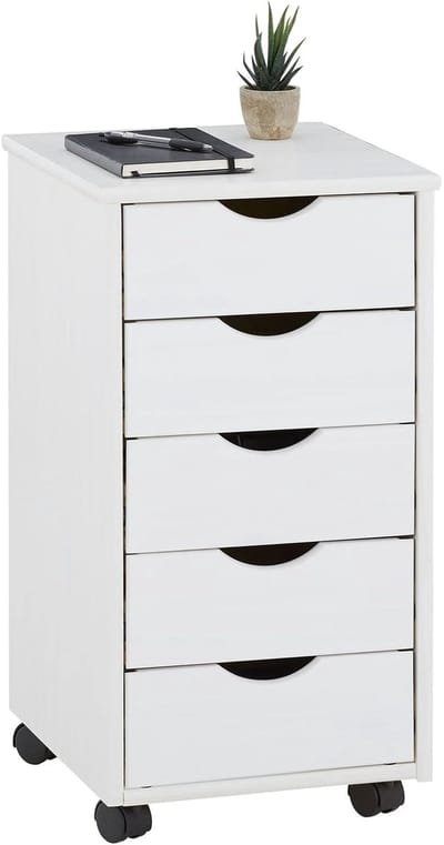 Rolkast met Laden - Opbergmeubel - Thuis Kantoor - Massief Grenenhout - 40 x 35 x 65 cm - Wit