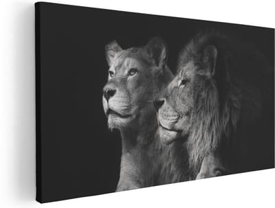 Artaza Canvas Schilderij Leeuw En Leeuwin - 40x20 cm - Klein - Wanddecoratie Dieren - Muurdecoratie Zwart Wit - Schilderijen Op Canvas