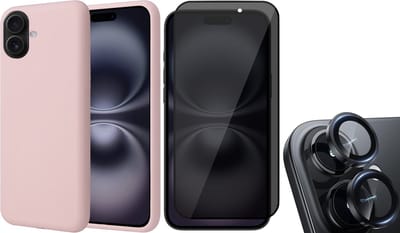 Hoesje geschikt voor iPhone 16 - Privacy Screenprotector Volledig Dekkend Glas & Camera Protector - Matte Case Roze met Fluweelzachte Binnenzijde