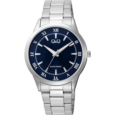 Q&Q C10A-047PY - Horloge - Analoog - Heren - Mannen - stalen band - Rond - Metaal - Romeinse Cijfers - Zilverkleurig - DonkerBlauw