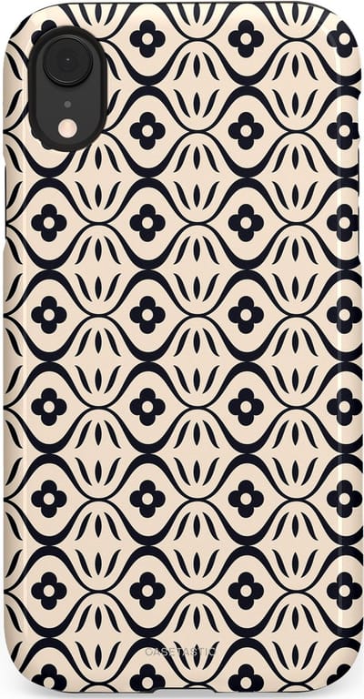 Casetastic hoesje geschikt voor Apple iPhone XR - Dubbellaagse bescherming - Retro crème-zwarte bloemenprint - Fashion Case - Crème Grijs Donkergrijs