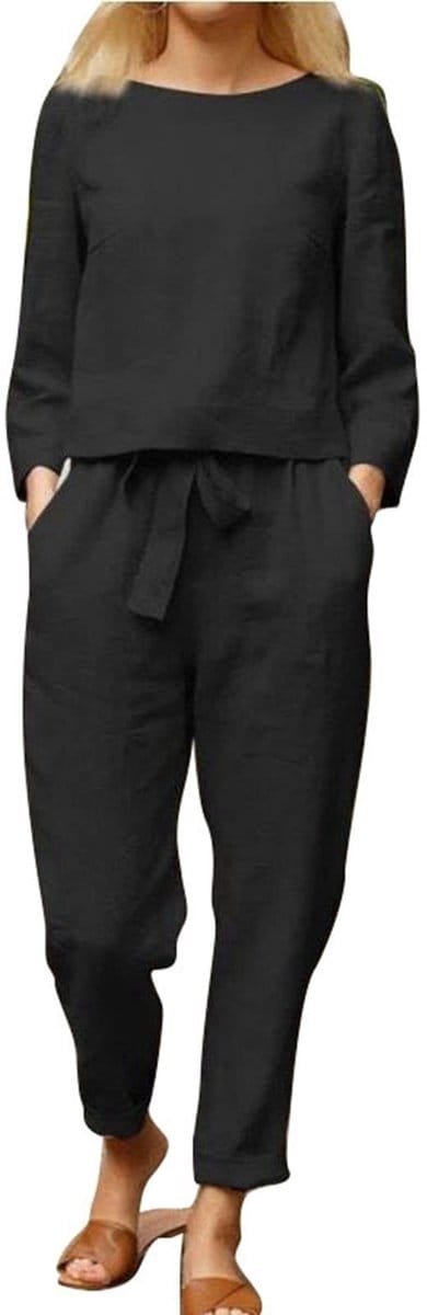 Store_7 - Dames Broekpakken - Casual Lente Herfst - Wijde Pijpen - Ronde Hals - Trekkoord Taille - Met Zakken - Kleur Zwart