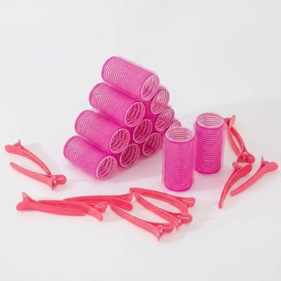 Roze klittenband haarkrullers set voor dames – 24 stuks heatless curls met 12 zelfhechtende krulrollers en 12 duckbill clips – haar rollers voor krullen, volume en styling van korte, middellange en lange haarlengtes