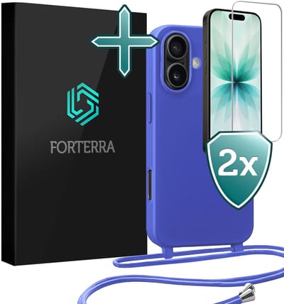 Hoesje Geschikt voor iPhone 17 Case Siliconen Hoes Met Koord Met 2x Screenprotector - Hoes Geschikt voor iPhone 17 Met Telefoonkoord Hoesje Backcover - Felblauw