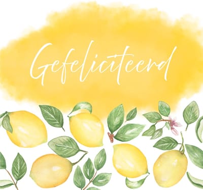 Wenskaart gefeliciteerd citroenen met groene blaadjes – 13x13 cm – gevouwen kaart – inclusief witte envelop – stevig papier – felicitatiekaart