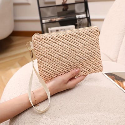 Stro Beach Clutch Uitgesneden Geweven Stro Clutch Mode Portemonnee Dames Handtas Met Rits Voor Kaart- En Muntvakjes, Sleuteltasje, Polsband Portemonnee beige