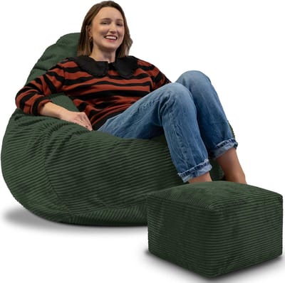 DreamRoots Zitzak voor Volwassenen of Kinderen – Corduroy Beanbag met Voetsteun en Afneembare Hoes – Inclusief Vulling – 90x90x100 cm – Forest Symphony