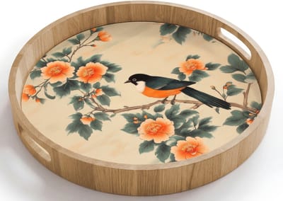 Dienblad rond 40x40 cm - Schootdienblad hout - Vogel - Tak - Bloemen - Oranje - Borrelplank rechthoek - Plateau houten dienbladen