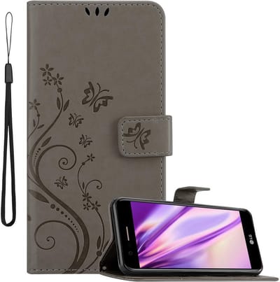 Cadorabo Hoesje geschikt voor LG K10 2018 / K11 / K11 PLUS in BLOEMEN GRIJS - Beschermhoes in bloemmotief met magnetische sluiting, standfunctie en kaartsleuven Book Case Cover Etui