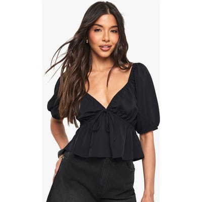 boohoo Dames Woven Puff Sleeve Smock Top | Black | Maat: XS