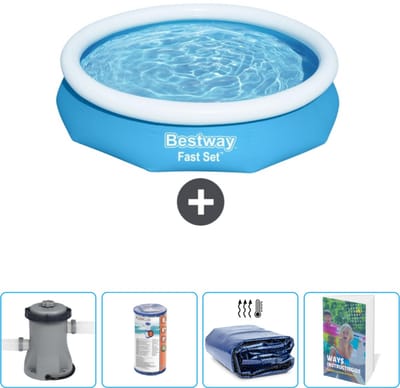 Bestway Rond Opblaasbaar Fast Set Zwembad - 305 x 66 cm - Blauw - Inclusief Pomp - Filter - Solarzeil - Zwembadgids