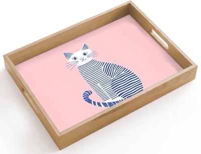 Dienblad hout 40x30 cm - Schootdienblad - Kat - Illustratie - Minimalistisch - Roze - Borrelplank rechthoek - Plateau dienbladen